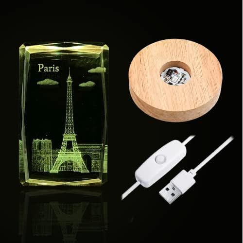 Символична фигура SUPIA 3D - Париж - Led Осветление Crystal Mood с дървена стойка и USB зареждане, Сувенири за Пътуване за една Приятелка, Гадже, Любовник, Подаръци за Рожден Ден,