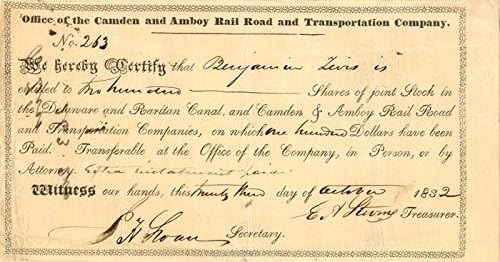 Camden and Amboy Railroad and Transportation Co. подписано Д. А. Стивенсом - Склад за сертификат (Не е отменено)