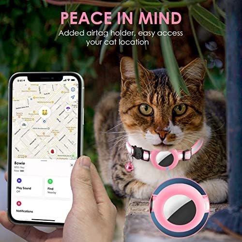 Нашийник за котки с въздушна биркой, Отразяваща GPS-Нашийник за котки с управление с Притежател на въздушна тагове и Камбана, Регулируема