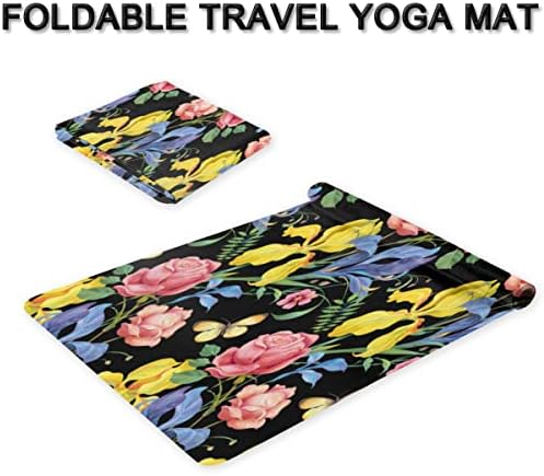 Цветна Подложка за йога с роза и пеперуда, сгъваема пътен подложка за фитнес и упражнения, Сгъваема подложка за йога за всички видове