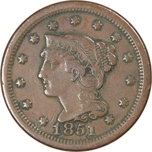 1851 Обичайната Дата Плетена Коса Голям Цент VF Много Тънка Медна монета 1c САЩ