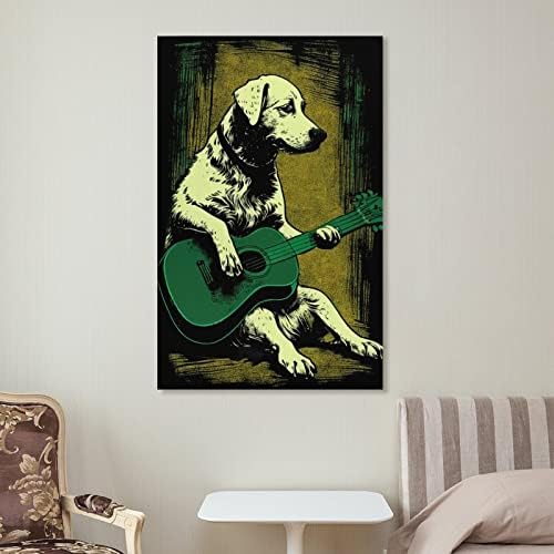 Забавно Куче свири на китара Животно платно плакат Реколта Ретро Цветен Живопис китара Лабрадор куче Стенно Изкуство за Дома, Детска