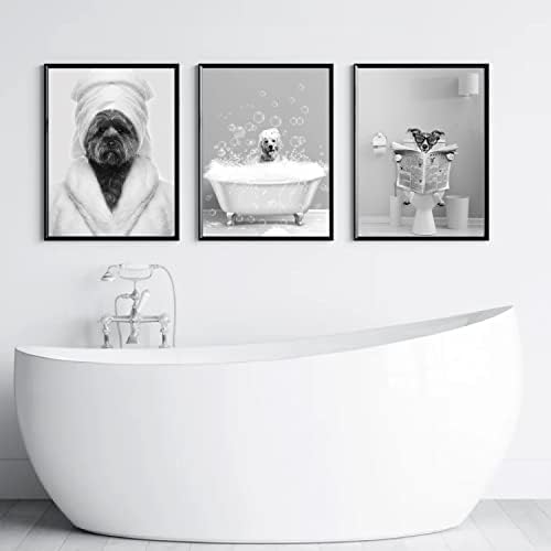 XBYGIMI Забавно Кученце Стенно изкуство за баня-Комплект от 3 Прекрасни животни Стенно изкуство за баня–Картинки за баня с кучето си
