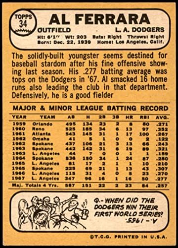 1968 Topps # 34 A Ал Ферара Лос Анджелис Доджърс (Бейзбол карта) (Обратна страна на златист цвят) EX /MT Dodgers