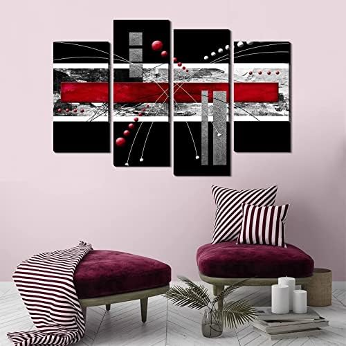YPY Голям Черно-Червено Платно Стенно изкуство - 4 Панела Модерен Абстрактен Набор от Чертежи за Декорация на дома - Модерна Живопис,