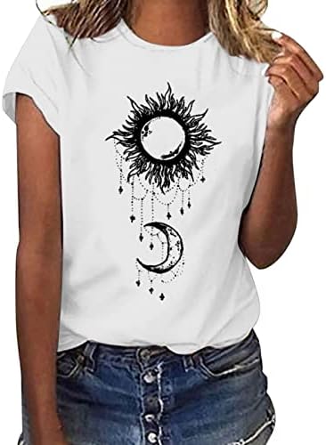 Kaniem/ Дамски Тениски, Графична Дамски Ежедневни Тениска, Тениска с Принтом на Слънцето, Луната, Звездите, Блуза С Кръгло деколте, Дамски