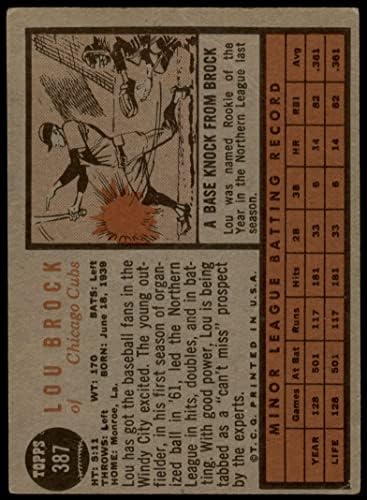 1962 Topps 387 Лу Брок Чикаго Къбс (Бейзболна картичка) ДОБРИ Къбс