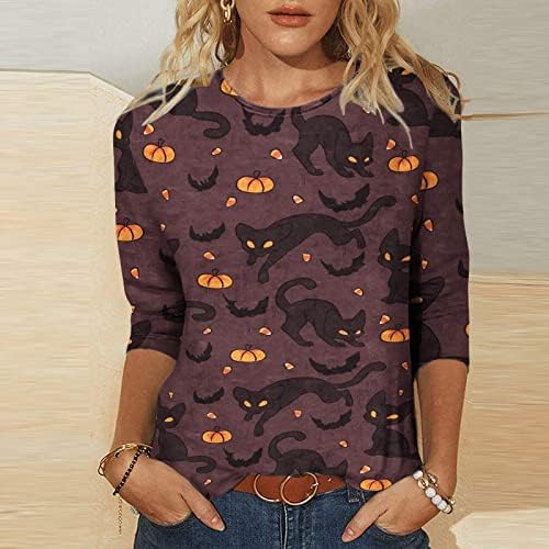 Дамски Памучен Тениска с Кръгло Деколте и 3/4 ръкав с Графичен Дизайн за Почивка на Хелоуин, Свободна Тениска, Лятна Есенна Риза за Дами