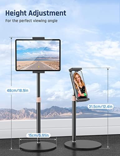 Титуляр стойка за таблет Klsnior, Регулируема По височина Поставка за таблет и телефон за масата, Въртяща се на 360 ° Алуминиева Метална Стойка за таблет Съвместима с iPad