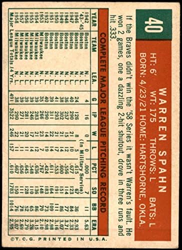 1959 Topps # 40 OBS Уорън Спан Милуоки Брейвз (бейзболна картичка) (роден през 1931 г. с 3 скрити) ДОБРИ Храбрецы