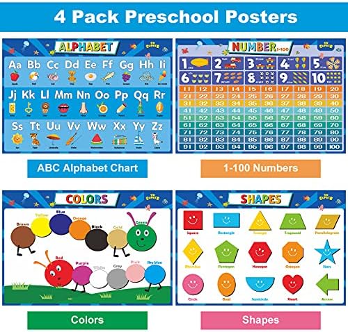 SK SUPKER 4 опаковки Таблица Азбука ABC + Цифри 1-100 + Форма + Цвят Набор от плакати, Разработване на Плакати за деца, Декорация на стените в класната стая, детската градина, И