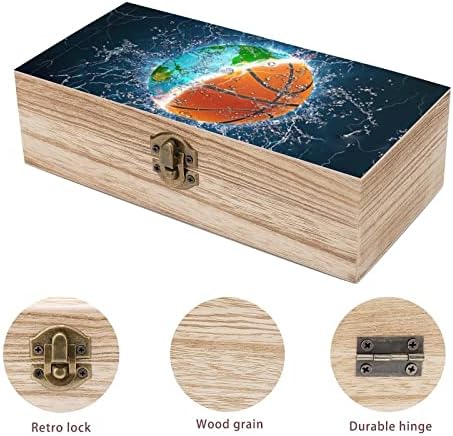 Баскетболна Топка в Огън И Вода, Дървена Кутия За Съхранение на Настолен Малък Декоративен Органайзер Кутии За Бижута С Капак