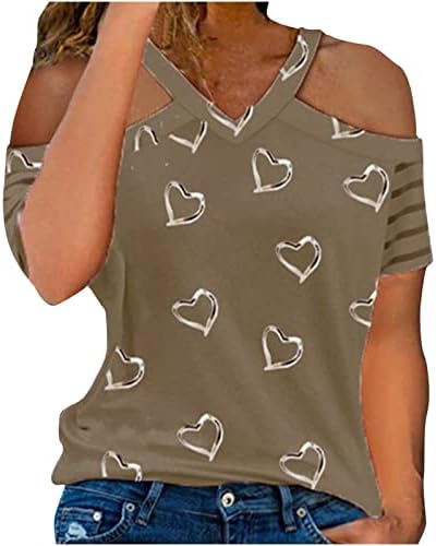Лятна Есенна Тениска За Момичета 2023, Къс Ръкав, V-Образно Деколте, Графичен Топ в Ивица с участието на Сърца и Любов, Тениска за Жени,