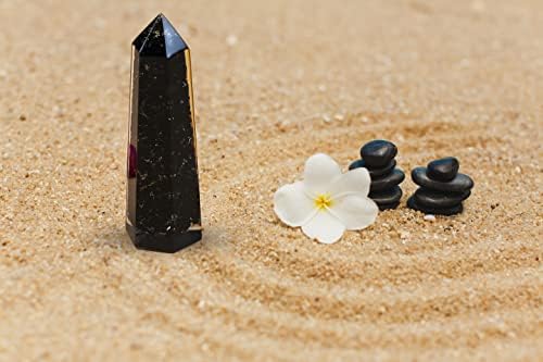 Черен Турмалин Orgonite Шестоъгълен Кристал Пръчка Точков Кула - 6 Инкрустирани Призми с един заострением | за Медитация, Йога, подарък,